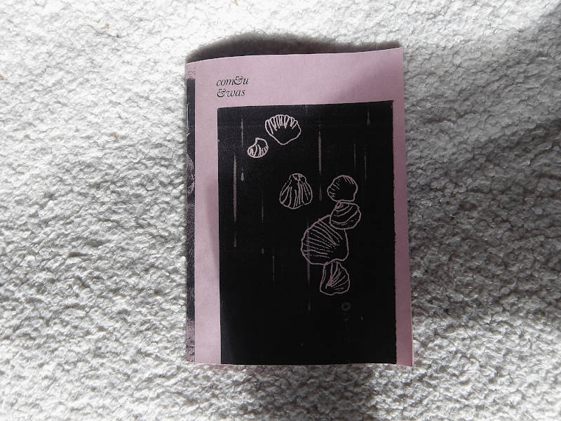 small pink zine, cover shows a scientific diagrams and mussels (line drawing)