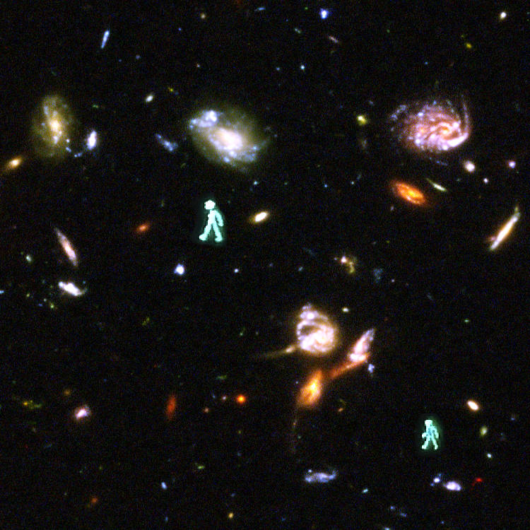 deep space image with galaxies, clusters and two little green traffic light men walking