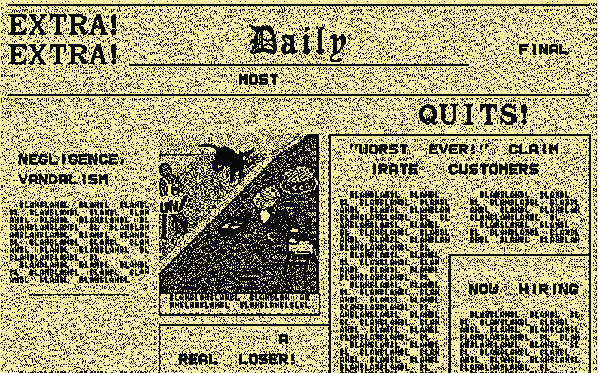 a modified game-over-screenshot of the videogame paperboy illustrates the mood of this story