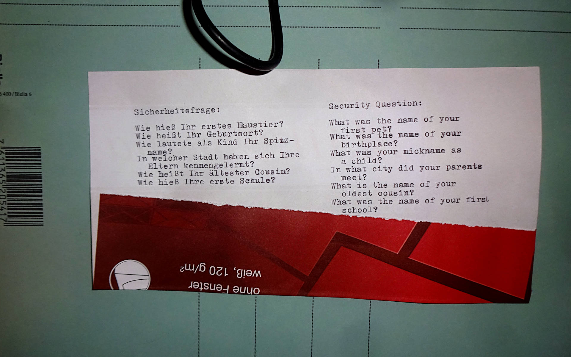 the poem is written with a typewriter on the back of an envelope advertisment in 2 columns, german and english