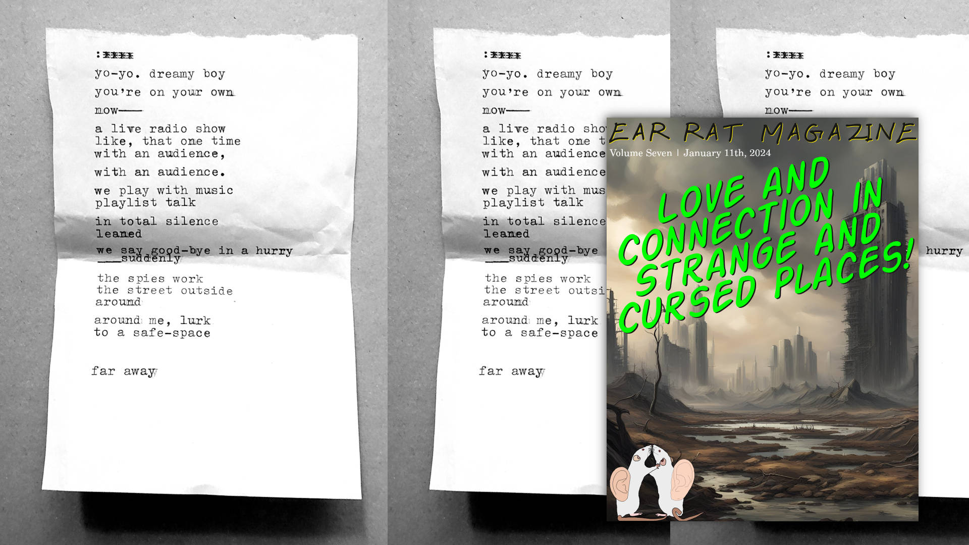 typewriter manuscript and cover image of Ear Rat Magazine issue 7