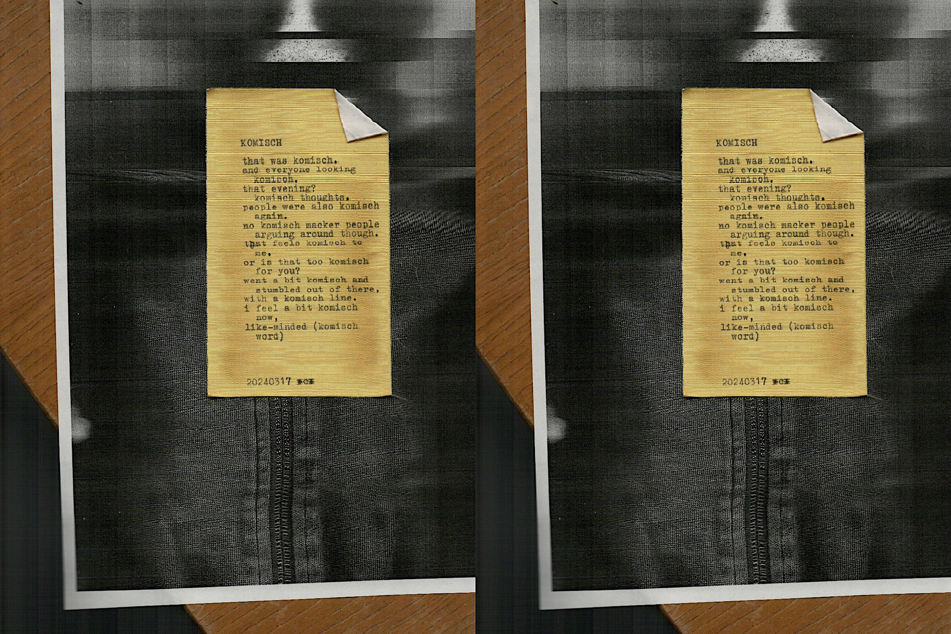 typescript of the poem on a printed copy of a humans chest in a hoodie zip sweater. the poem is written on shiny golden silk paper.