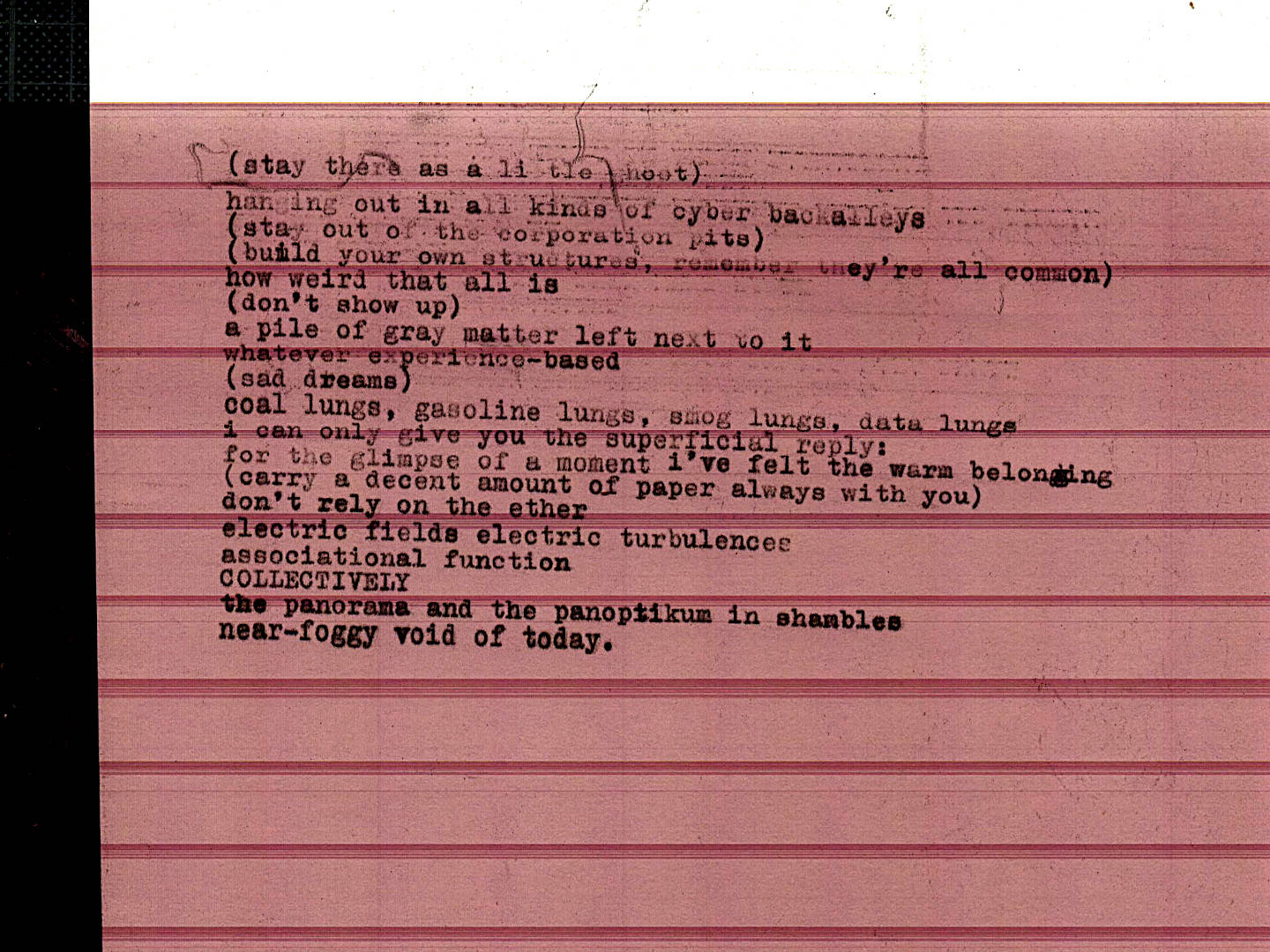 typewriter manuscript scanned with a defect handheld scanner. scanlines and false colors and glitches.